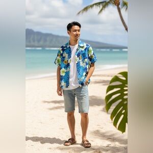 Vintage Made In Hawaiin HIBISCUS 70’s Blue Green Yellow Cotton  Barkcloth Shirt